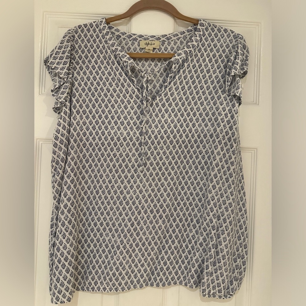 Blue and white flutter sleeve blouse